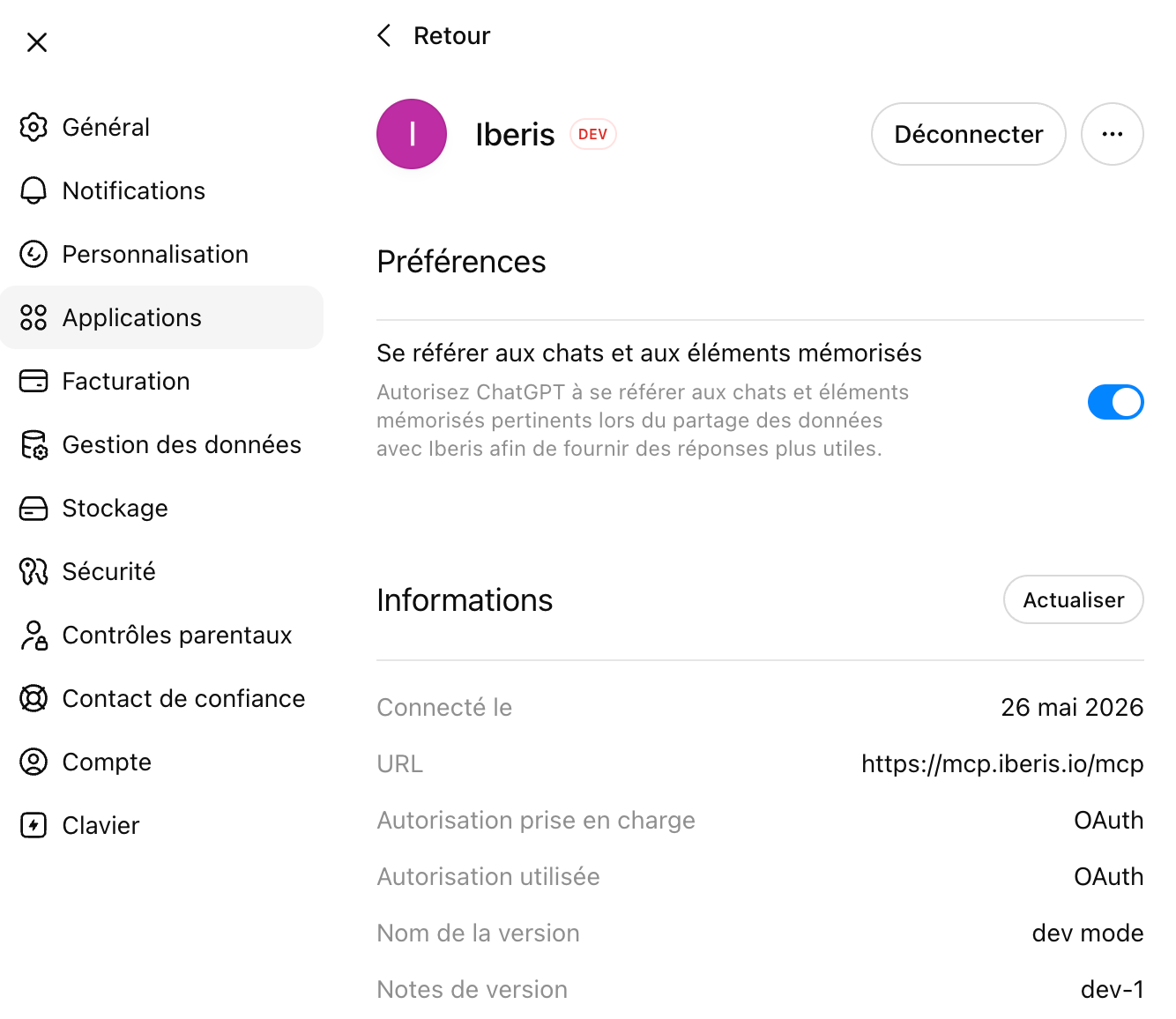 screenshot — ChatGPT connection